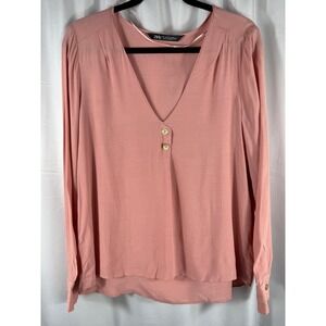 ZARA Pink Long Sleeve V Neck Button Front Blouse Women Size S‎